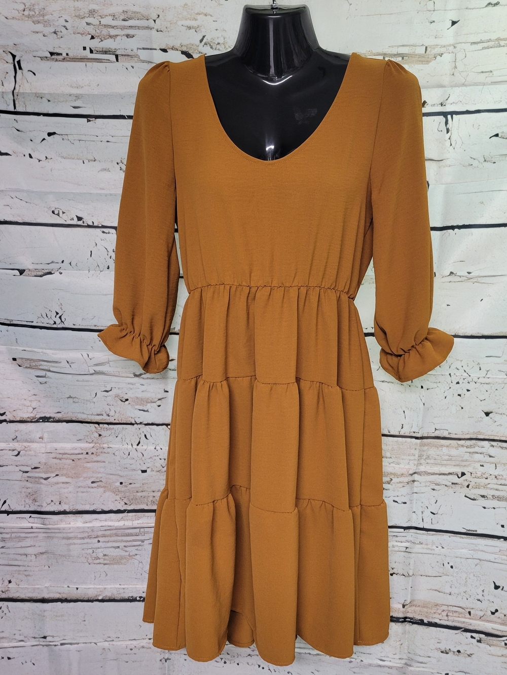 Reb. in J. Mustard Tiered Midi Dress Women's Small Puff Sleeve